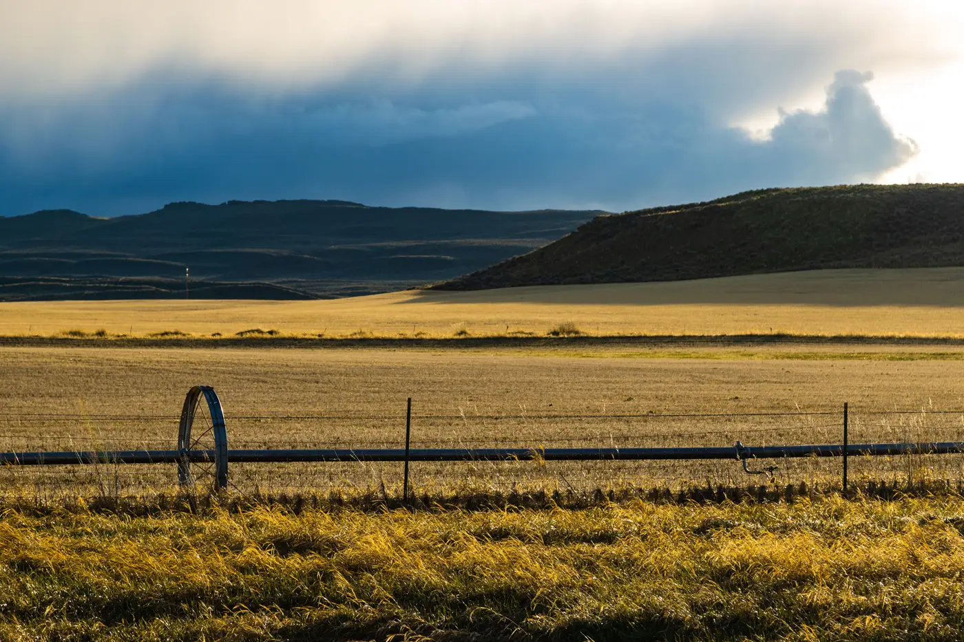 Dryland farm field with an irrigation pipe fence line, foothills and a ridgeline rising under a stormy sky.